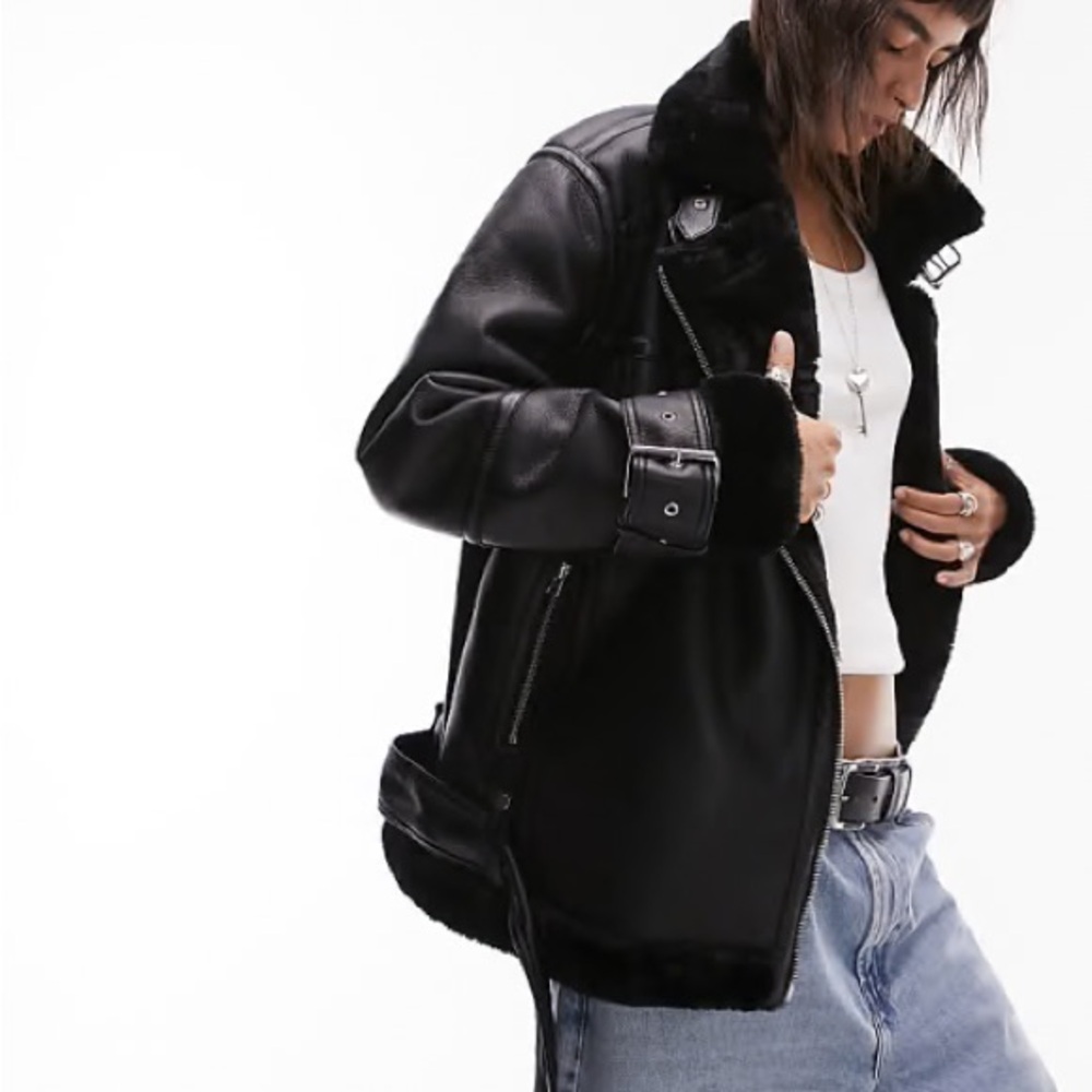 Topshop Oversized Leather Jacket - Aviator Biker Jacket with Faux Fur - Picture 7 of 7